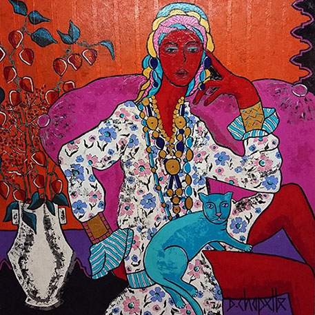 Femme au turban et cages d'amour 100 x 100